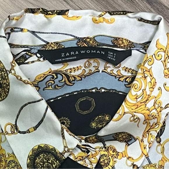 Zara Woman Ecru Chain Scarf Print Button Down Blouse Size Small - Picture 2 of 7
